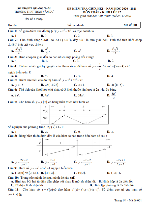 Đề thi giữa HK1 Toán 12 năm 2020 – 2021 trường THPT Trần Văn Dư – Quảng Nam