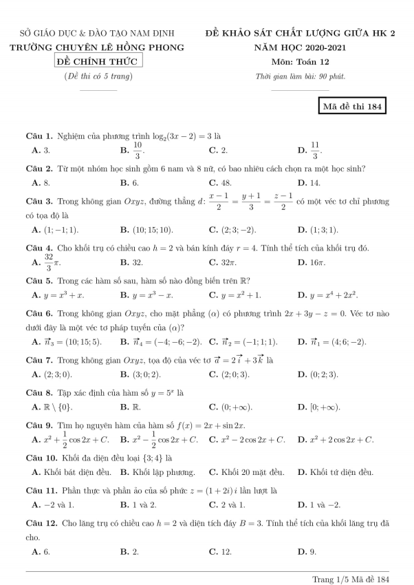 Đề thi giữa HK2 Toán 12 năm 2020 – 2021 trường chuyên Lê Hồng Phong – Nam Định