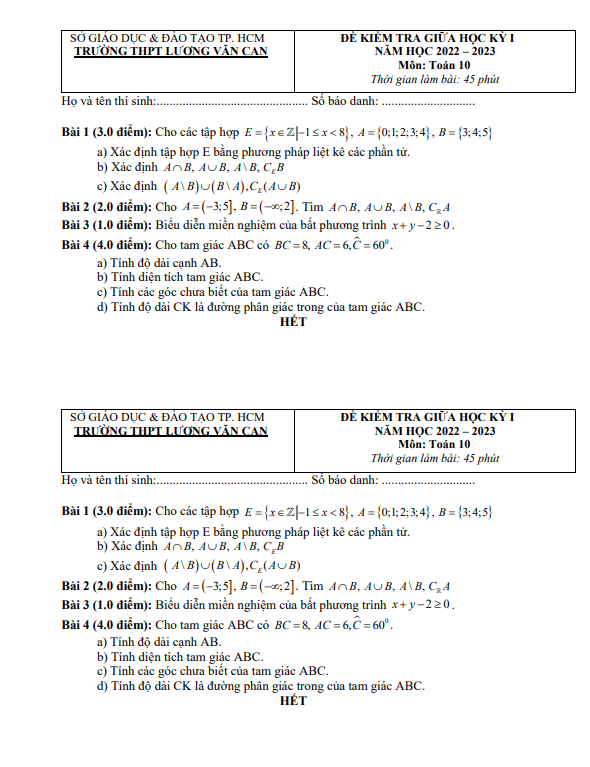 Đề thi giữa HKI Toán 10 năm 2022 – 2023 trường THPT Lương Văn Can – TP HCM