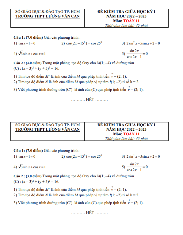 Đề thi giữa HKI Toán 11 năm 2022 – 2023 trường THPT Lương Văn Can – TP HCM