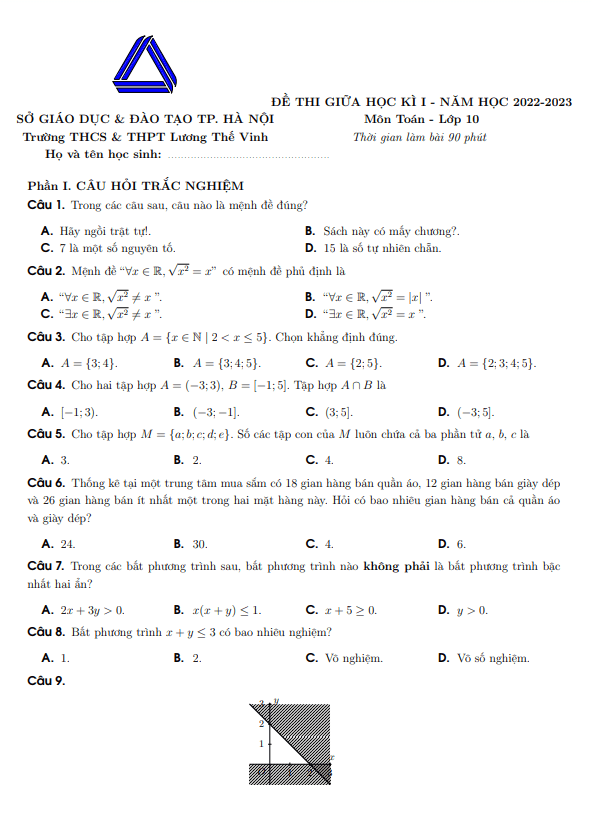 Đề thi giữa học kì 1 Toán 10 năm 2022 – 2023 trường Lương Thế Vinh – Hà Nội