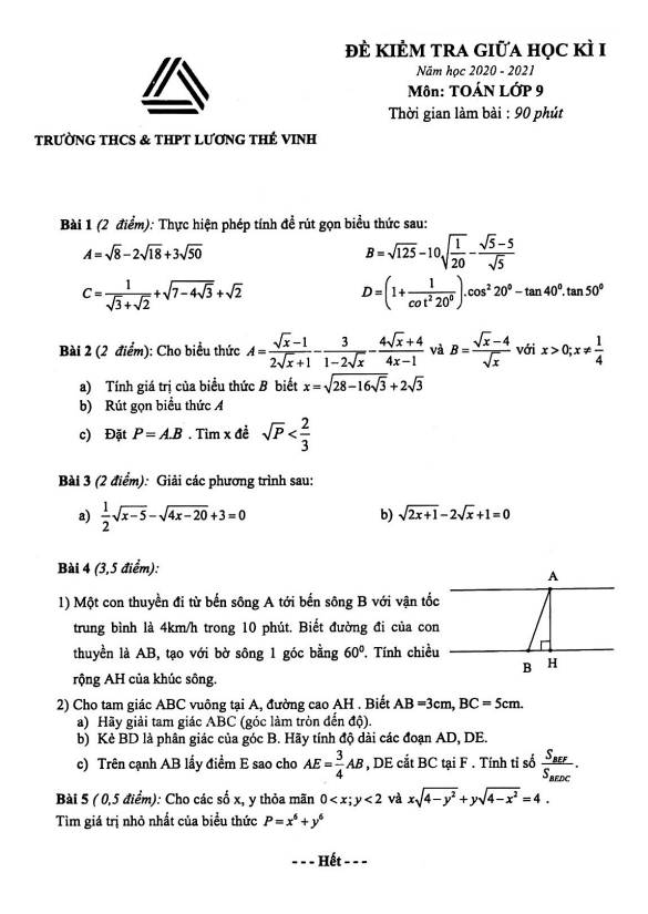 Đề thi giữa học kì 1 Toán 9 năm 2020 – 2021 trường Lương Thế Vinh – Hà Nội
