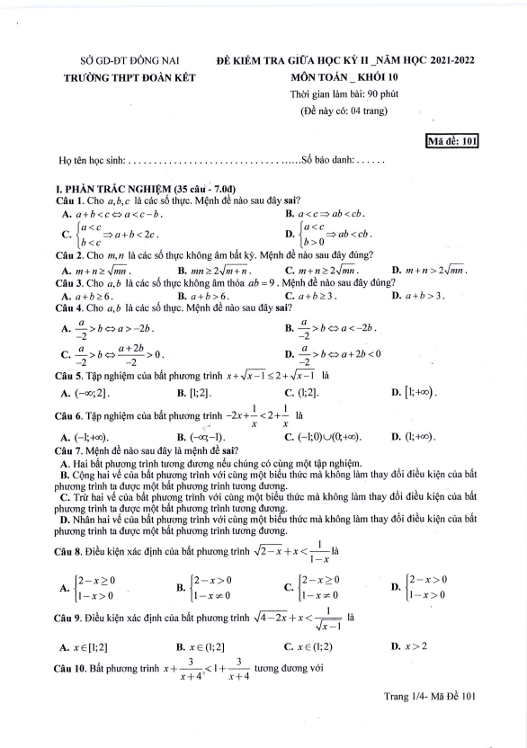 Đề thi giữa học kì 2 Toán 10 năm 2021 – 2022 trường THPT Đoàn Kết – Đồng Nai