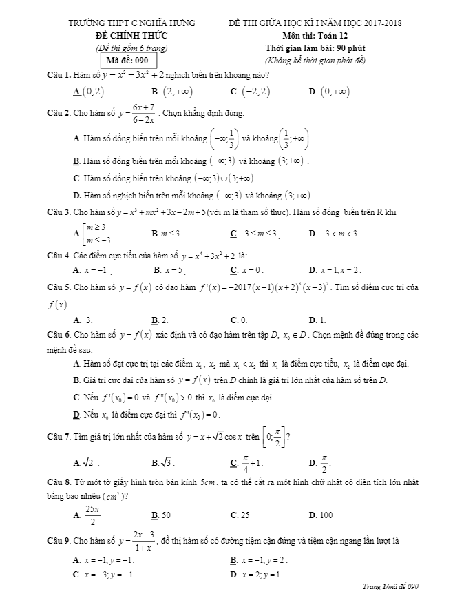 Đề thi giữa học kỳ 1 năm học 2017 – 2018 môn Toán 12 trường THPT C Nghĩa Hưng – Nam Định