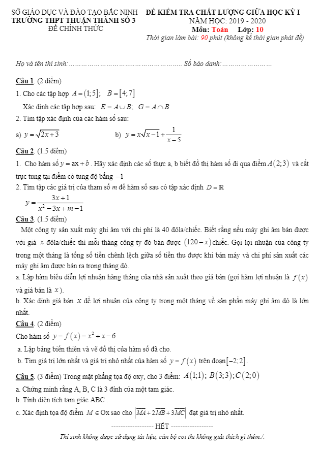 Đề thi giữa học kỳ 1 Toán 10 năm 2019 – 2020 trường Thuận Thành 3 – Bắc Ninh