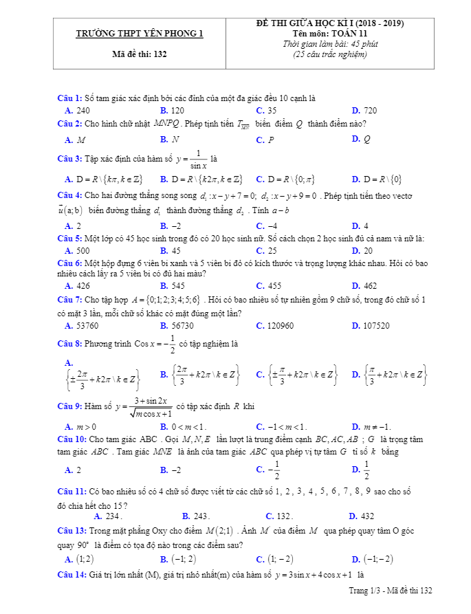 Đề thi giữa học kỳ 1 Toán 11 năm 2018 – 2019 trường Yên Phong 1 – Bắc Ninh