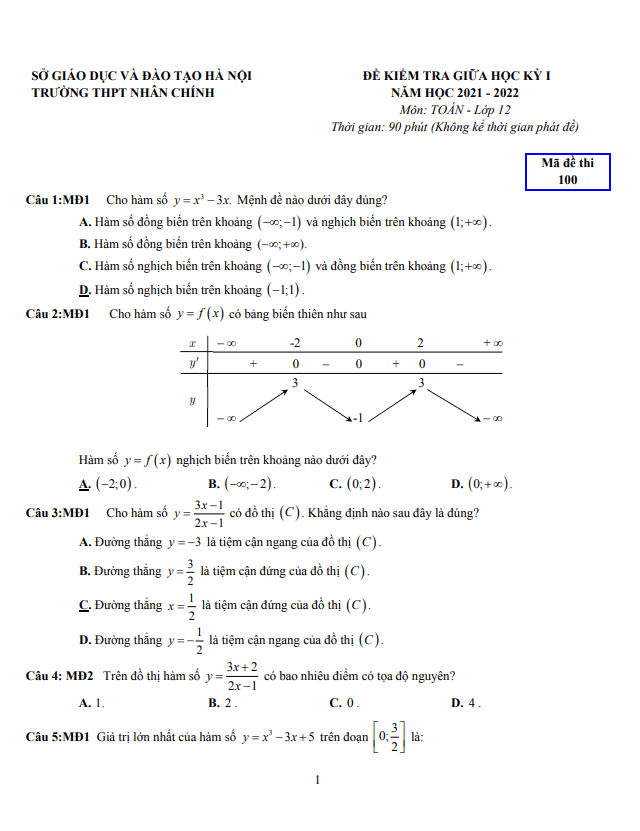 Đề thi giữa học kỳ 1 Toán 12 năm 2021 – 2022 trường THPT Nhân Chính – Hà Nội