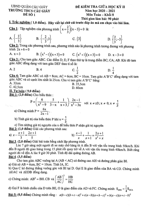 Đề thi giữa học kỳ 2 Toán 8 năm 2020 – 2021 trường THCS Cầu Giấy – Hà Nội