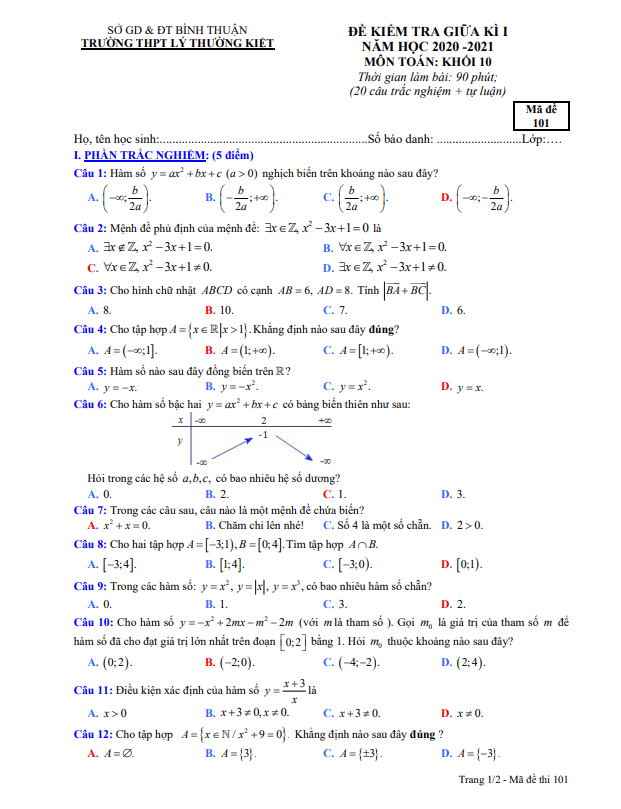 Đề thi giữa kì 1 Toán 10 năm 2020 – 2021 trường THPT Lý Thường Kiệt – Bình Thuận