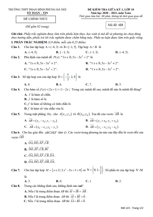 Đề thi giữa kì 1 Toán 10 năm 2020 – 2021 trường THPT Phan Đình Phùng – Hà Nội