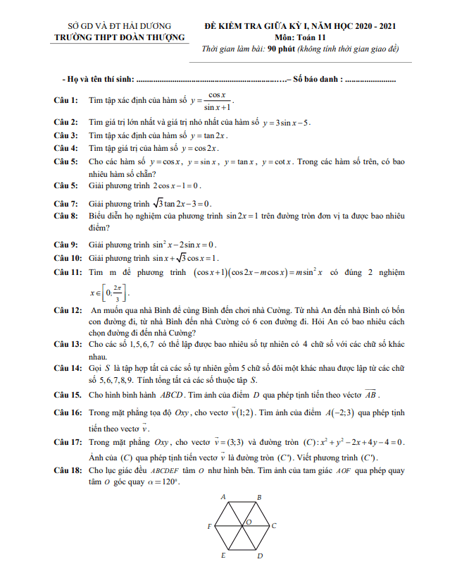 Đề thi giữa kì 1 Toán 11 năm 2020 – 2021 trường THPT Đoàn Thượng – Hải Dương