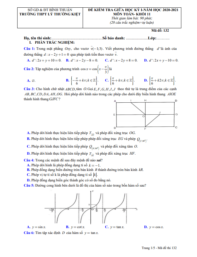 Đề thi giữa kì 1 Toán 11 năm 2020 – 2021 trường THPT Lý Thường Kiệt – Bình Thuận