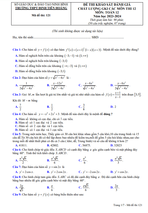 Đề thi giữa kì 1 Toán 12 năm 2023 – 2024 trường THPT Đinh Tiên Hoàng – Ninh Bình