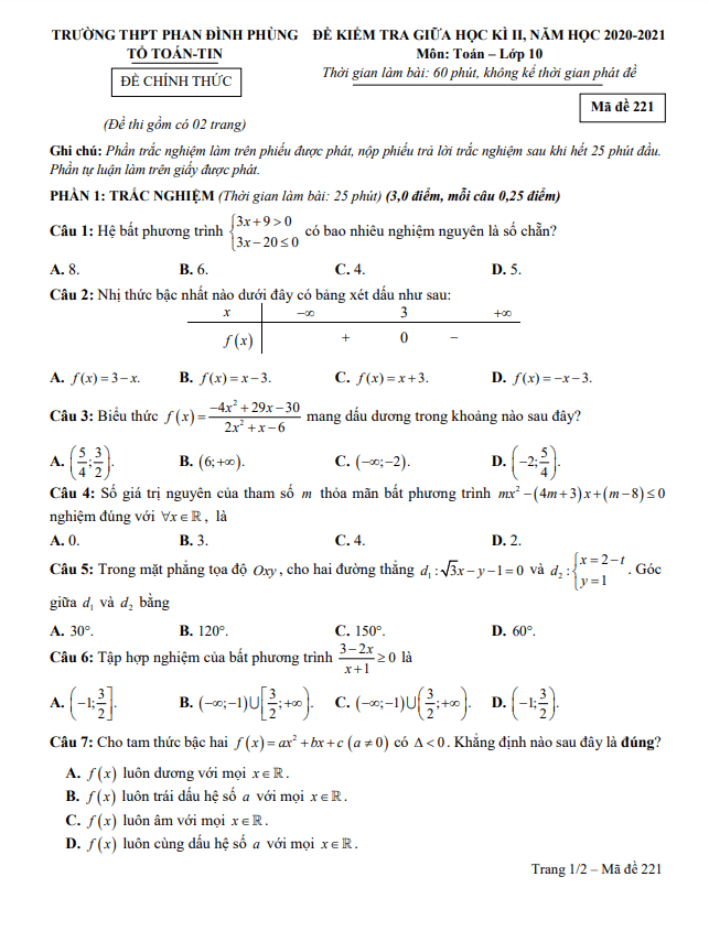 Đề thi giữa kì 2 Toán 10 năm 2020 – 2021 trường Phan Đình Phùng – Hà Nội