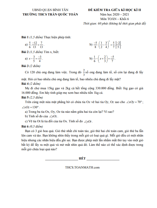 Đề thi giữa kì 2 Toán 6 năm 2020 – 2021 trường Trần Quốc Toản – TP HCM