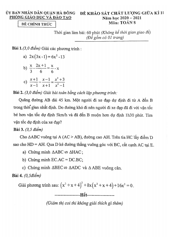 Đề thi giữa kì 2 Toán 8 năm 2020 – 2021 phòng GD&ĐT Hà Đông – Hà Nội