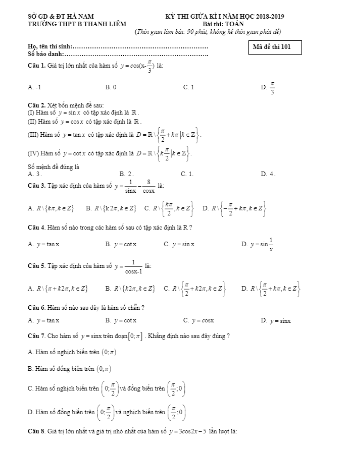 Đề thi giữa kỳ 1 Toán 11 năm học 2018 – 2019 trường THPT B Thanh Liêm – Hà Nam