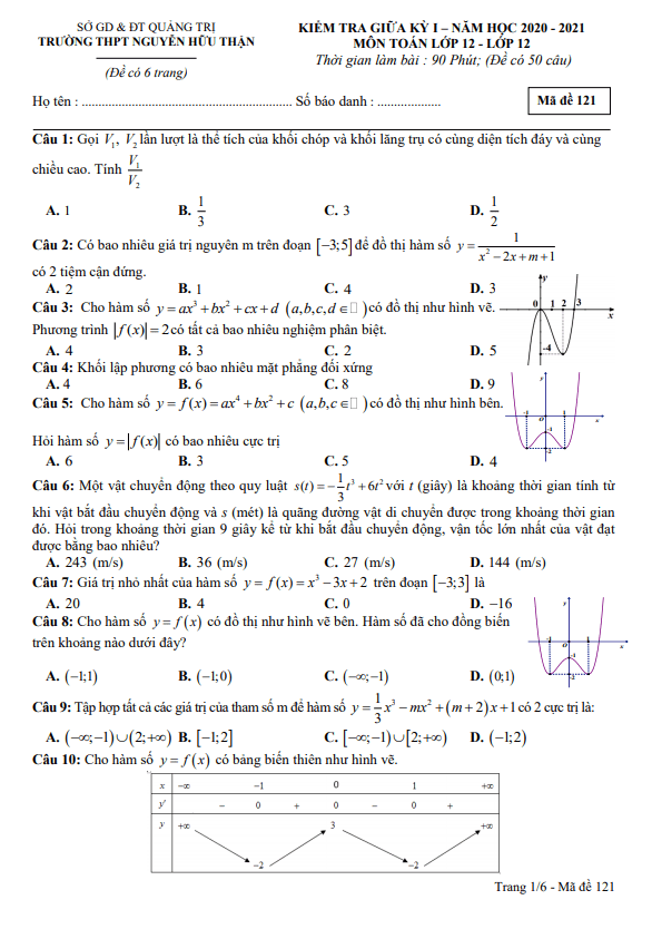 Đề thi giữa kỳ 1 Toán 12 năm 2020 – 2021 trường Nguyễn Hữu Thận – Quảng Trị