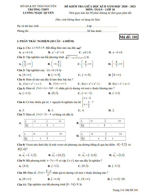 Đề thi giữa kỳ 2 Toán 10 năm 2020 – 2021 trường Lương Ngọc Quyến – Thái Nguyên
