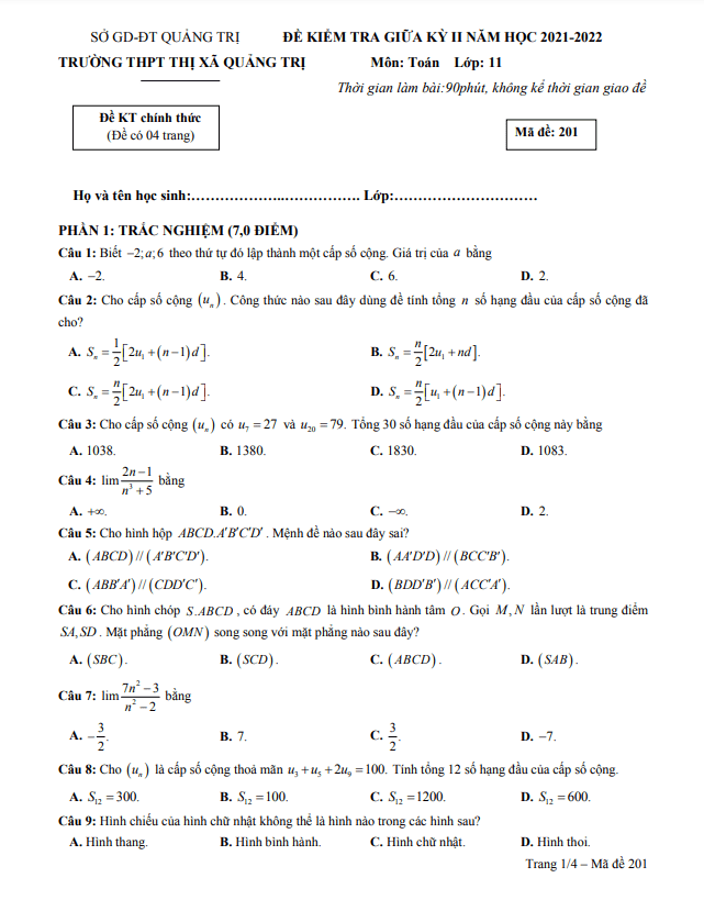 Đề thi giữa kỳ 2 Toán 11 năm 2021 – 2022 trường THPT Thị xã Quảng Trị