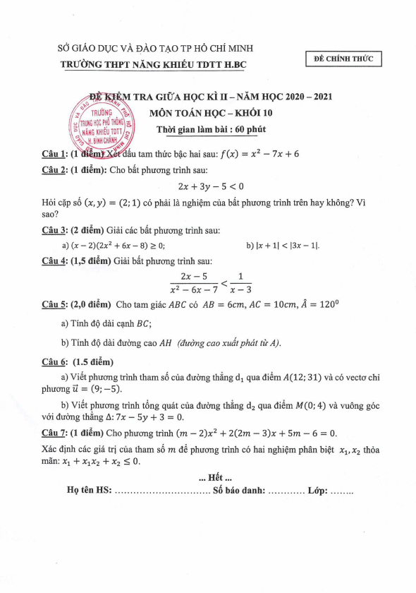 Đề thi GK2 Toán 10 năm 2020 – 2021 trường Năng khiếu TDTT Bình Chánh – TP HCM