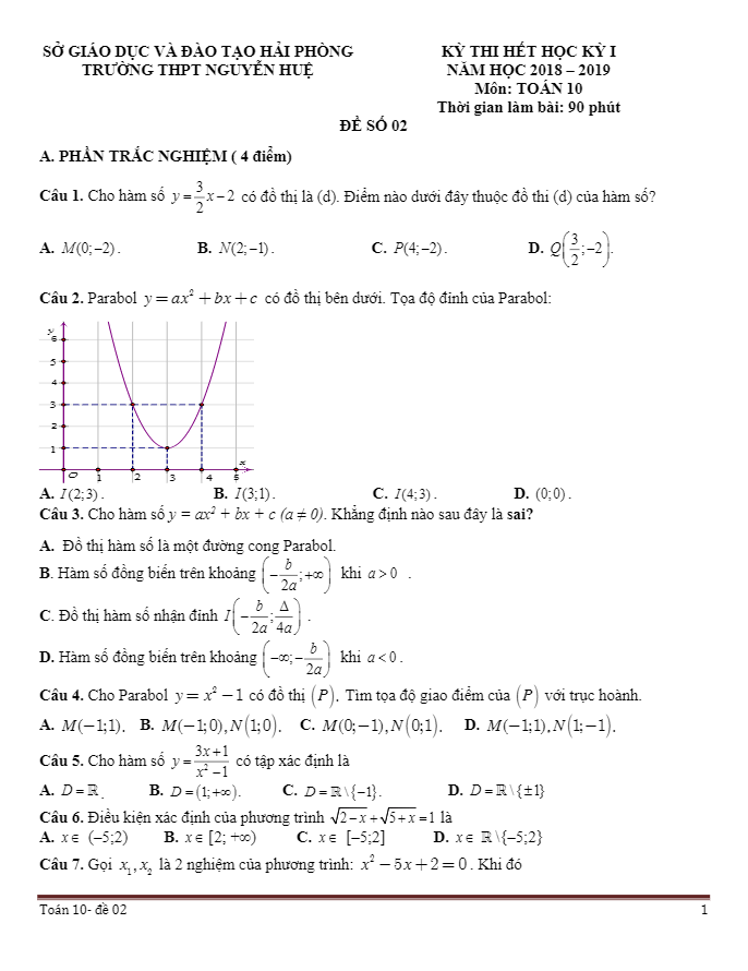Đề thi hết học kỳ 1 Toán 10 năm 2018 – 2019 trường THPT Nguyễn Huệ – Hải Phòng