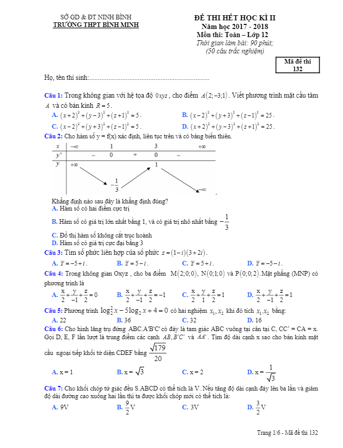 Đề thi hết học kỳ 2 Toán 12 năm 2017 – 2018 trường THPT Bình Minh – Ninh Bình