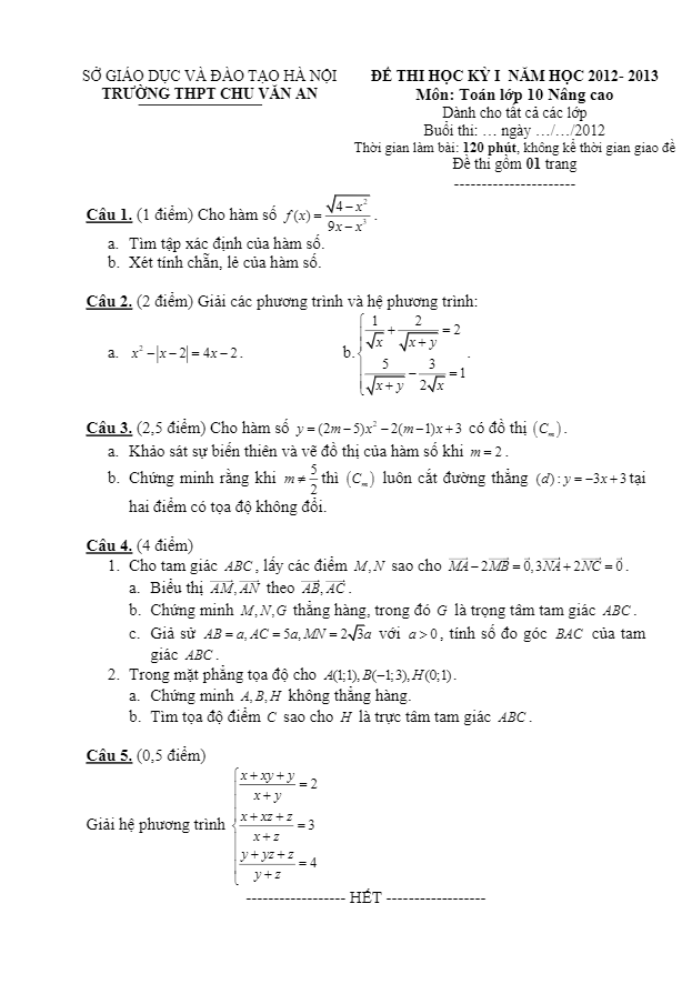 Đề thi HK1 lớp 10 trường Chu Văn An – Hà Nội 2012 – 2013