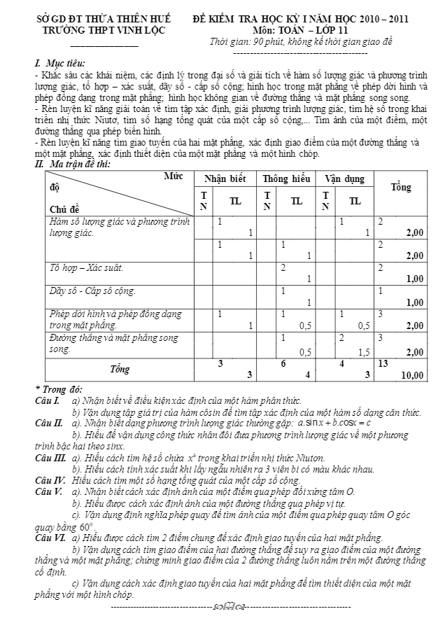 Đề thi HK1 lớp 11 trường THPT Vinh Lộc – Huế 2010 – 2011