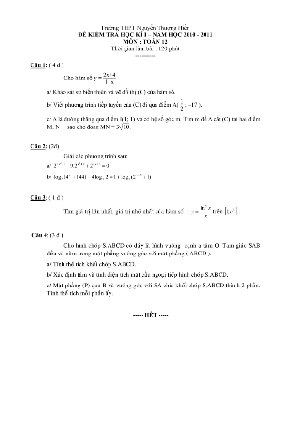 Đề thi HK1 lớp 12 trường THPT Nguyễn Thượng Hiền – TP. HCM 2010 – 2011