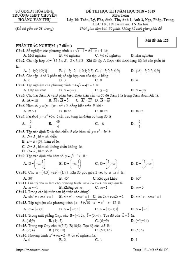 Đề thi HK1 Toán 10 năm 2018 – 2019 trường chuyên Hoàng Văn Thụ – Hòa Bình