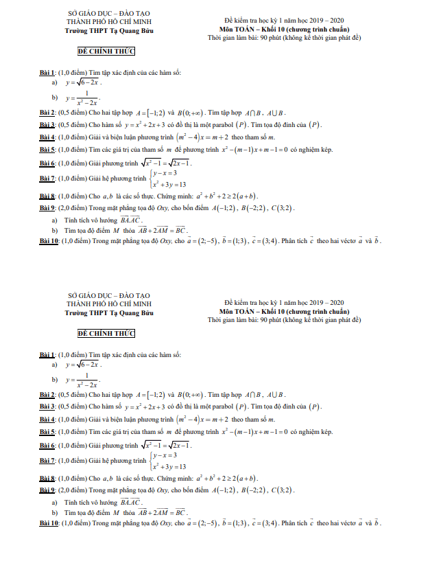 Đề thi HK1 Toán 10 năm 2019 – 2020 trường THPT Tạ Quang Bửu – TP HCM