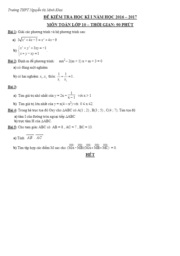 Đề thi HK1 Toán 10 năm học 2016 – 2017 trường Nguyễn Thị Minh Khai – TP.HCM