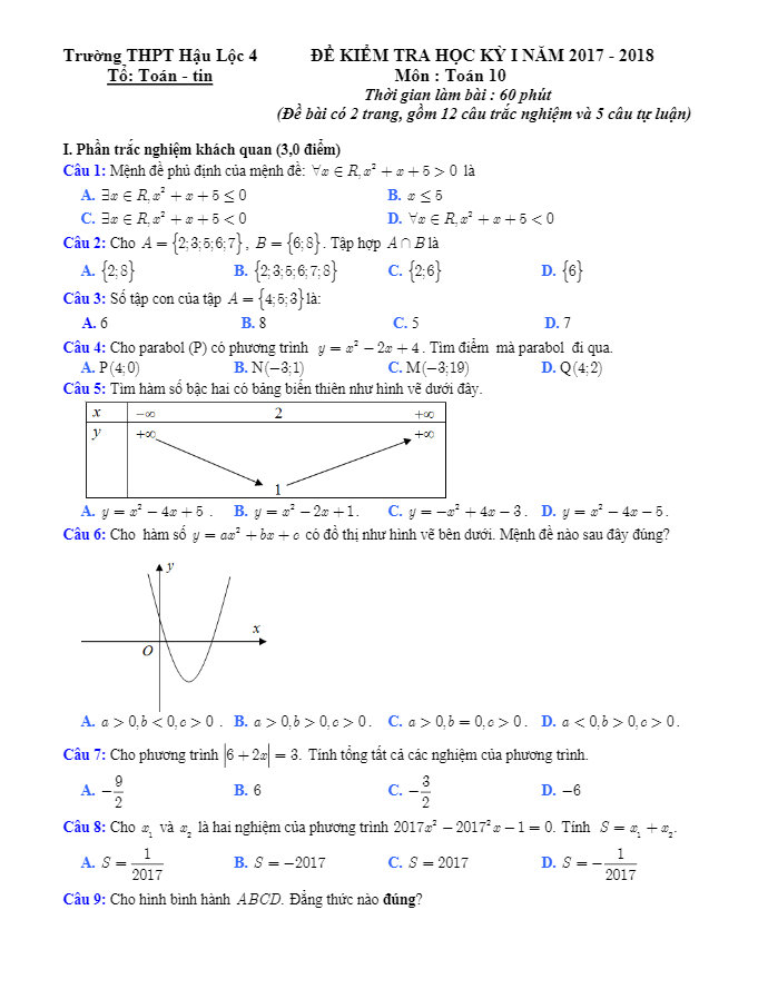 Đề thi HK1 Toán 10 năm học 2017 – 2018 trường THPT Hậu Lộc 4 – Thanh Hóa