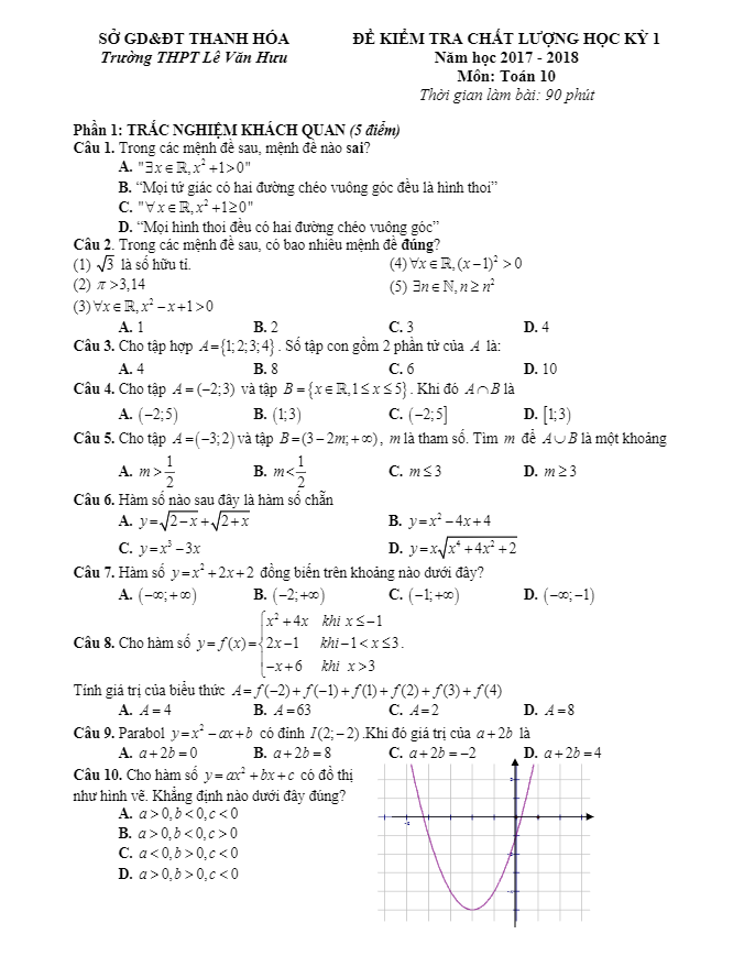 Đề thi HK1 Toán 10 năm học 2017 – 2018 trường THPT Lê Văn Hưu – Thanh Hóa