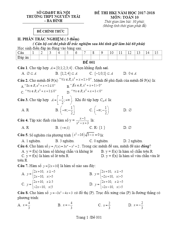 Đề thi HK1 Toán 10 năm học 2017 – 2018 trường THPT Nguyễn Trãi – Hà Nội
