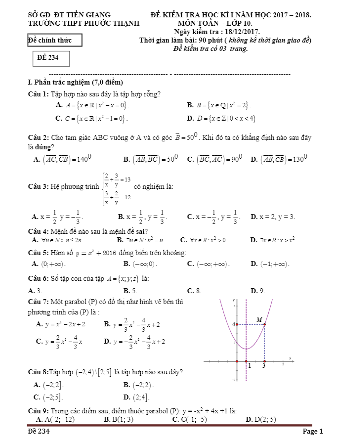Đề thi HK1 Toán 10 năm học 2017 – 2018 trường THPT Phước Thạnh – Tiền Giang