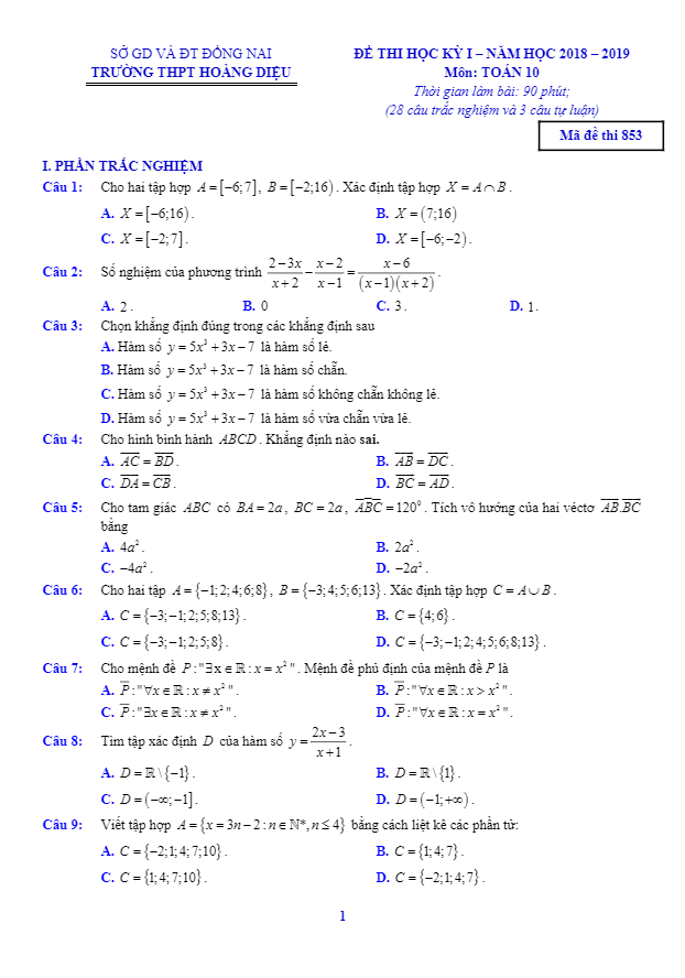 Đề thi HK1 Toán 10 năm học 2018 – 2019 trường THPT Hoàng Diệu – Đồng Nai