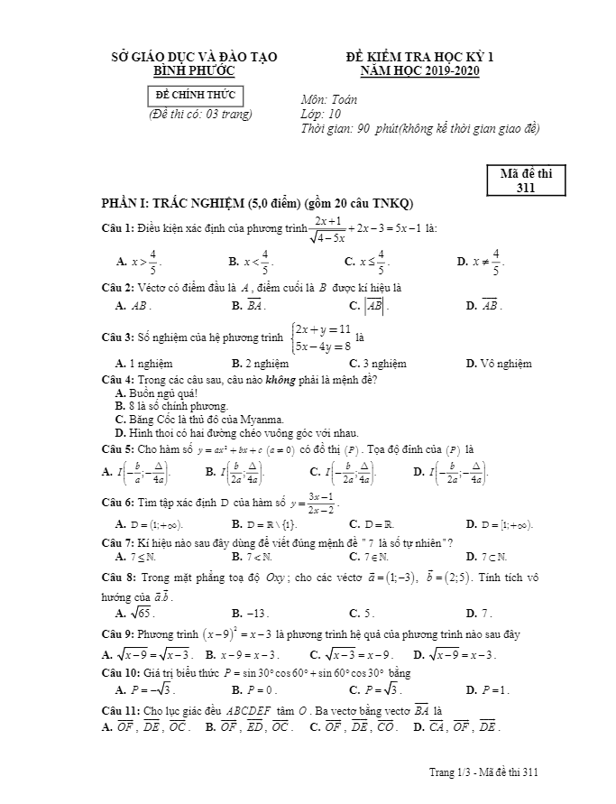 Đề thi HK1 Toán 10 năm học 2019 – 2020 sở GD&ĐT Bình Phước