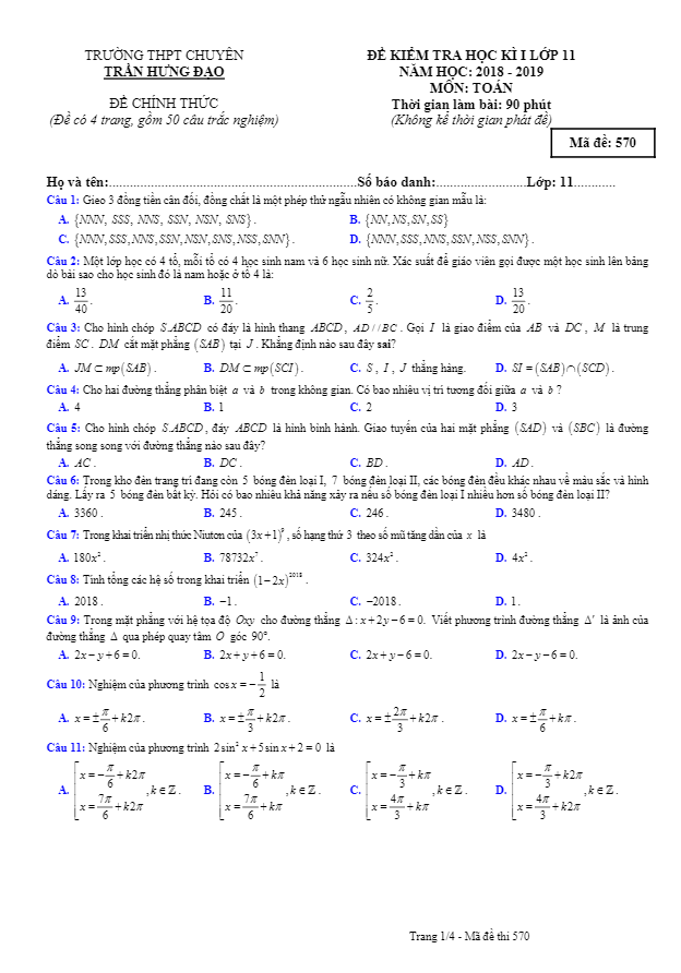 Đề thi HK1 Toán 11 năm 2018 – 2019 trường chuyên Trần Hưng Đạo – Bình Thuận
