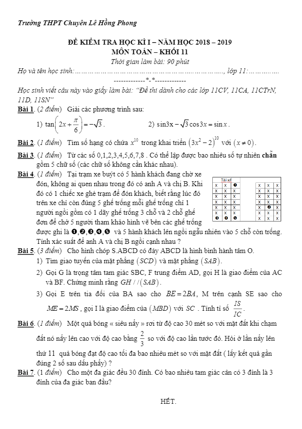Đề thi HK1 Toán 11 năm 2018 – 2019 trường THPT chuyên Lê Hồng Phong – TP. HCM