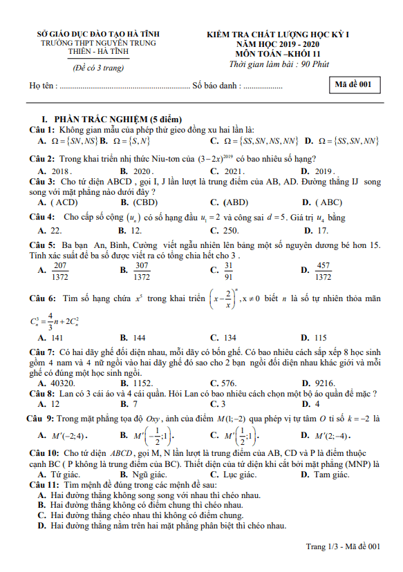 Đề thi HK1 Toán 11 năm 2019 – 2020 trường Nguyễn Trung Thiên – Hà Tĩnh
