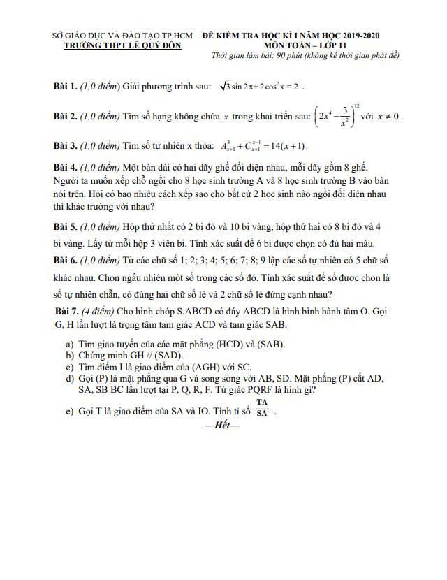 Đề thi HK1 Toán 11 năm 2019 – 2020 trường THPT Lê Quý Đôn – TP HCM