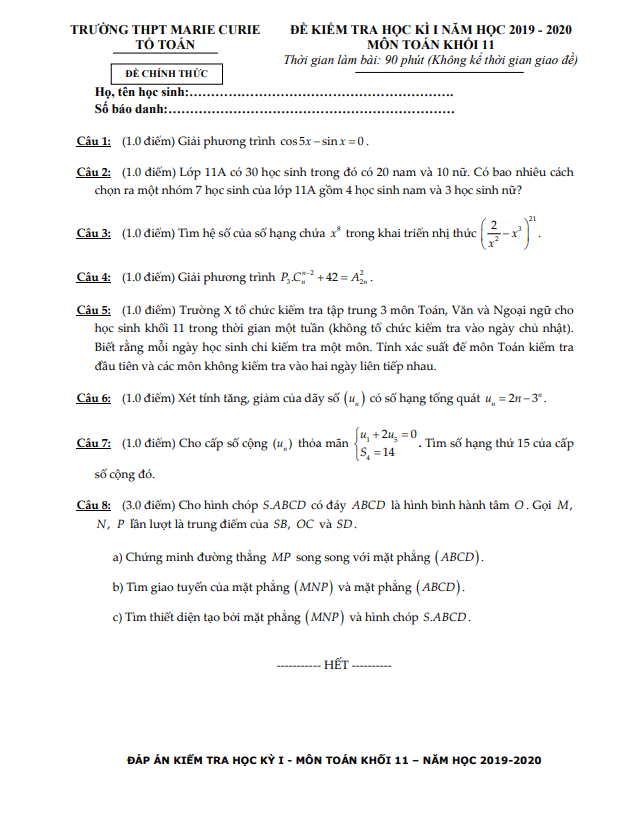 Đề thi HK1 Toán 11 năm 2019 – 2020 trường THPT Marie Curie – TP HCM