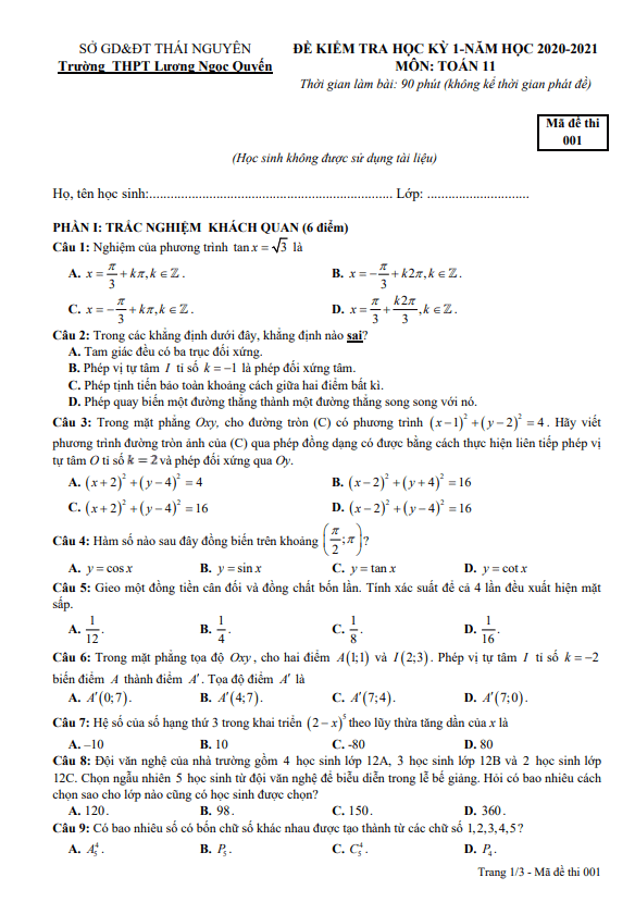 Đề thi HK1 Toán 11 năm 2020 – 2021 trường Lương Ngọc Quyến – Thái Nguyên