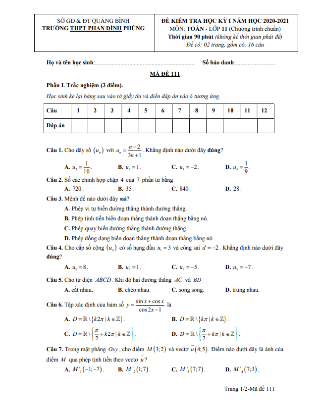Đề thi HK1 Toán 11 năm 2020 – 2021 trường Phan Đình Phùng – Quảng Bình