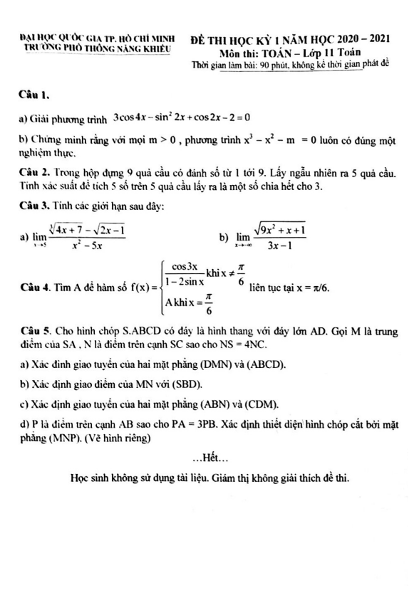 Đề thi HK1 Toán 11 năm 2020 – 2021 trường Phổ thông Năng khiếu – TP HCM