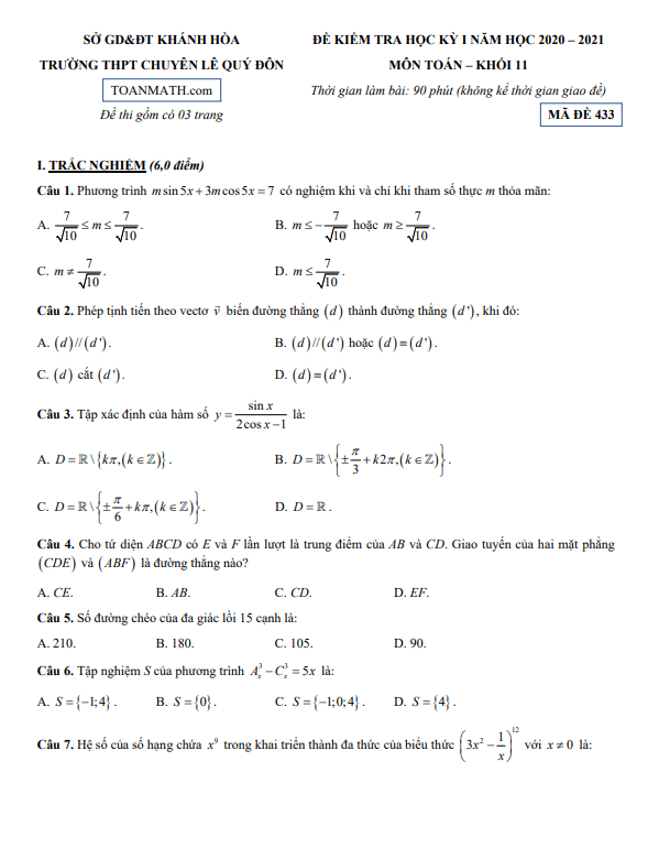 Đề thi HK1 Toán 11 năm 2020 – 2021 trường THPT chuyên Lê Quý Đôn – Khánh Hòa