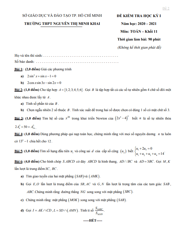 Đề thi HK1 Toán 11 năm 2020 – 2021 trường THPT Nguyễn Thị Minh Khai – TP HCM