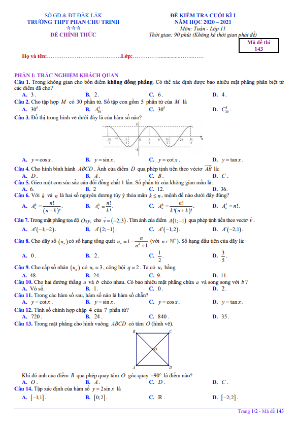 Đề thi HK1 Toán 11 năm 2020 – 2021 trường THPT Phan Chu Trinh – Đắk Lắk